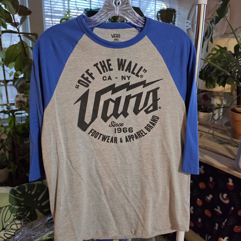 Vans Blue and Gray Raglan 'Off The Wall' Graphic Long Sleeve Shirt